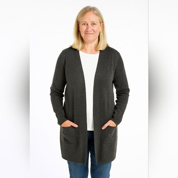 Open Front Cardigan Gray Black Embroidery Longline Sweater Coat *flaws* - Picture 1 of 10